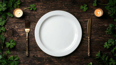 Rustic table setting with white plate, gold cutlery, and candlesの素材
