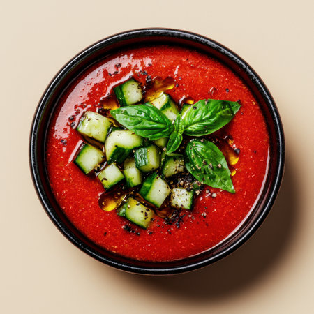 Gazpacho in a black bowl, garnished with cucumber and basilの素材