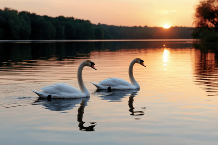 Two swans swimming on a calm lake at sunsetの素材