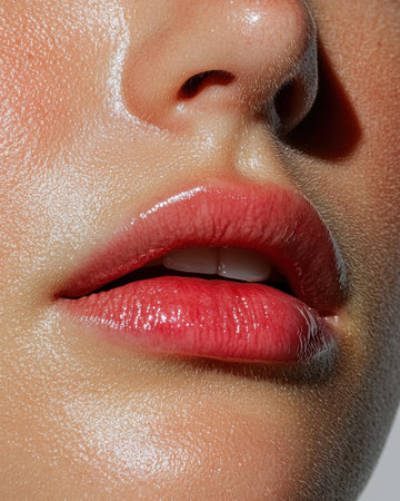 Close-up of woman's lips with glossy red lipstickの素材