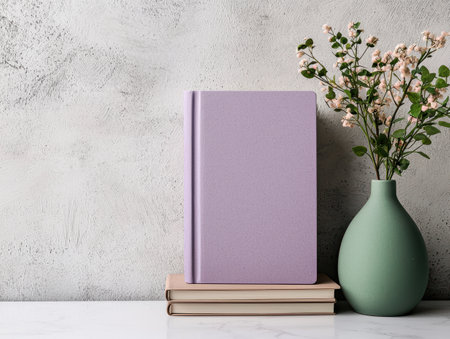 Purple book mockup with flowers on a marble surfaceの素材
