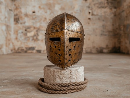 Medieval knight's helmet on stone pedestalの素材
