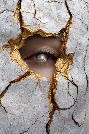 Closeup of a woman's eye peering through a cracked, gold-veined surfaceの素材