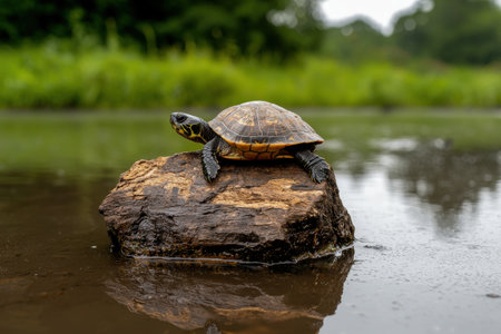 Small turtle on a rock in a pondの素材
