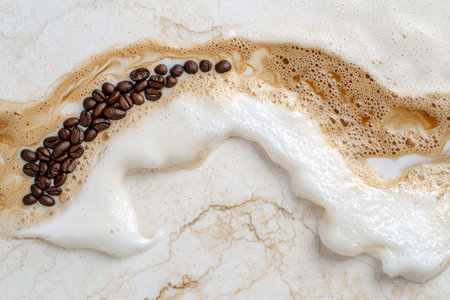 Close-up of spilled coffee with coffee beans forming a pathの素材