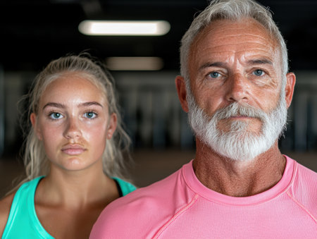 Portrait of a father and daughter, both looking directly at the camera, standing close together.の素材