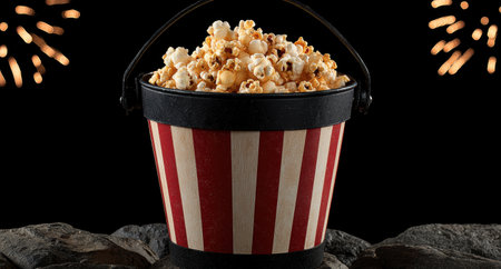 Buttery popcorn in a striped bucket against a black background with bokeh lightsの素材