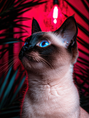 Close-up of a Siamese cat with striking blue eyes, looking upの素材