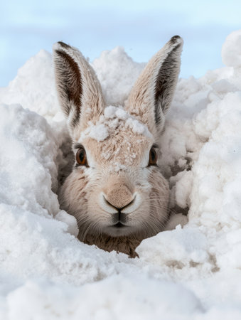 Adorable arctic hare peeking from snowdriftの素材