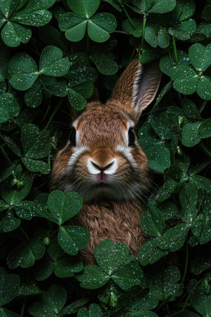 Adorable brown bunny rabbit hiding in lush green cloverの素材