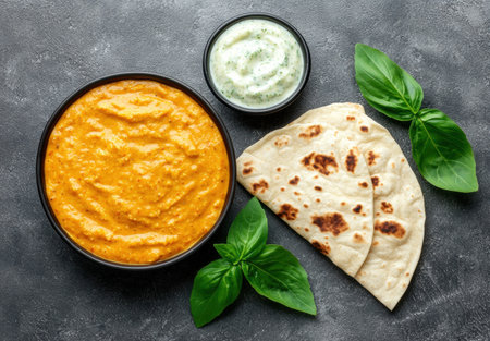 Delicious Indian butter chicken with naan bread and mint yogurt dipの素材