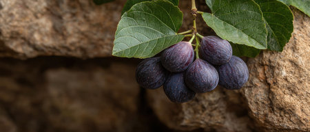 Close-up of ripe figs on the branchの素材