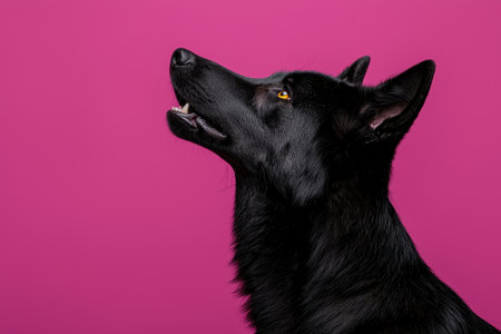 Black dog looking up, pink backgroundの素材