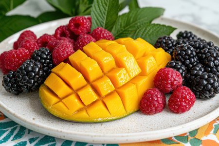 Close-up of a delicious mango and berry plateの素材