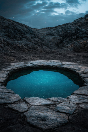 Starry night reflected in a deep pool of water, surrounded by dark rocks.の素材