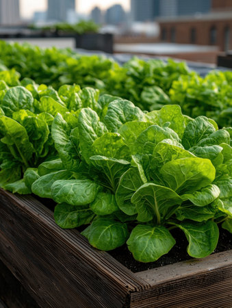 Rows of vibrant green lettuce plants thriving in a rooftop garden.の素材