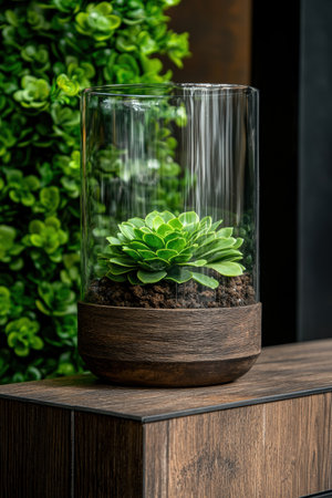 Modern succulent in a glass terrarium on a wooden tableの素材