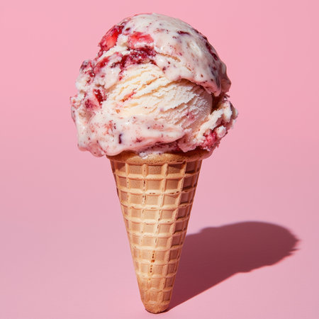 Strawberry ice cream in a waffle cone on pink backgroundの素材