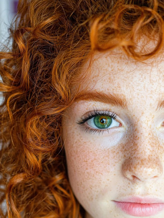 Close-up portrait of a freckled girl with curly red hair and green eyesの素材