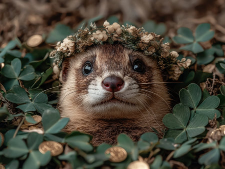 Adorable ferret wearing a flower crown surrounded by shamrocks and coinsの素材