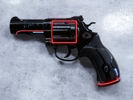 Close-up of a black revolver with red neon outlines on a gray backgroundの素材