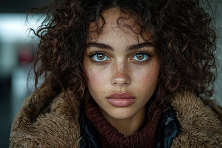 Close-up portrait of a young woman with freckles and curly hairの素材