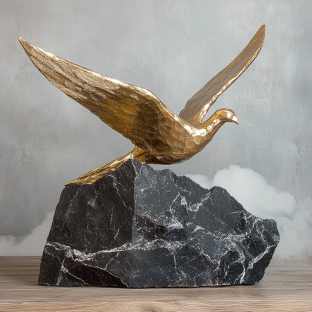 Golden dove sculpture on black stone baseの素材