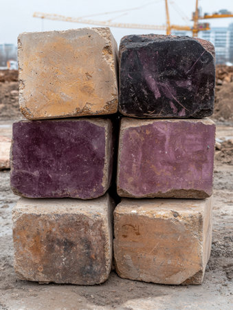 Stack of weathered concrete blocks at a construction siteの素材
