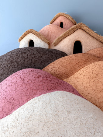 Stylized clay houses on rolling hillsの素材