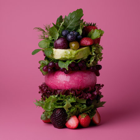 Vibrant layered fruits and vegetables on pink backgroundの素材