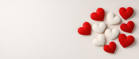 Red and white heart-shaped decorations on a white backgroundの素材