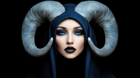 Woman with ram horns and dark makeupの素材