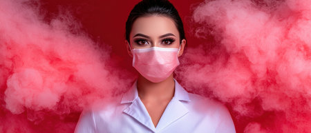 Portrait of a female doctor wearing a pink face mask against a red smoky backgroundの素材