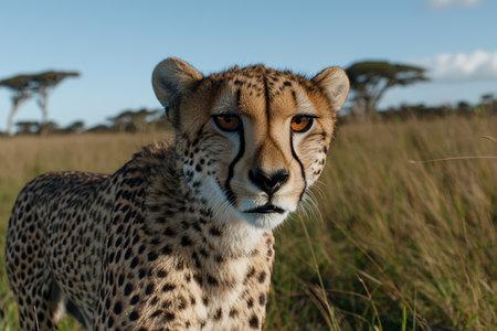 Close-up portrait of a cheetah in the African savannaの素材