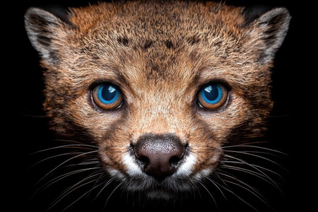 Close-up portrait of a wild cat with striking blue eyesの素材
