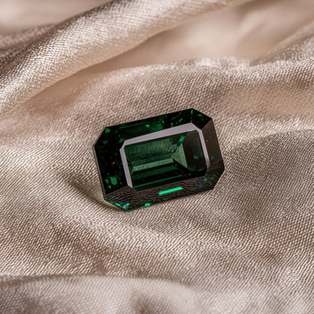Close-up of a vibrant green gemstone on a luxurious silk fabricの素材