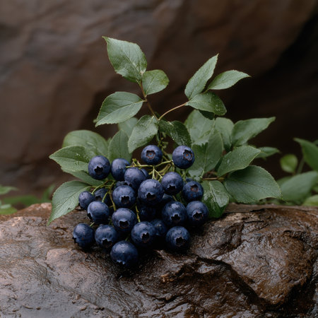 Close-up of fresh blueberries on a wet rockの素材