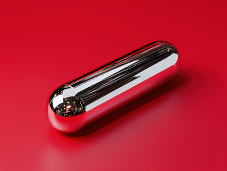 Sleek metallic capsule on red backgroundの素材