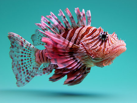 Red lionfish swimming in blue waterの素材