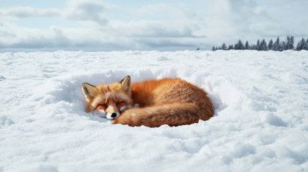 Red fox sleeping in the snowの素材