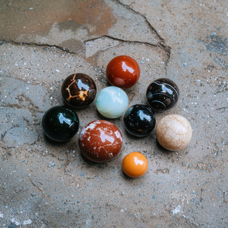 Collection of colorful glass spheres on a textured surfaceの素材