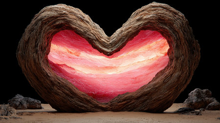 Heart-shaped rock formation with glowing interior, desert landscapeの素材