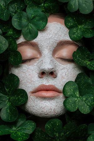 Woman with a clay mask on her face surrounded by green leavesの素材