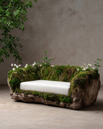 Unique moss and wood sofa in a modern living roomの素材