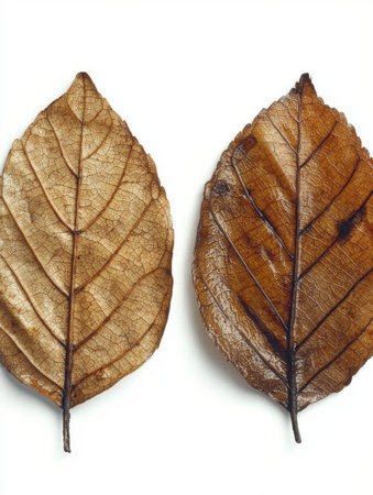 Two dried leaves on a white backgroundの素材