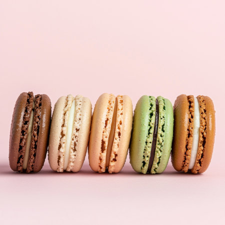 Colorful macarons in a row on pink backgroundの素材