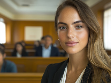 Confident young businesswoman in a courtroomの素材