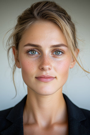Portrait of a young woman with freckles and blue eyesの素材