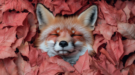 Cute red fox sleeping peacefully in a pile of autumn leavesの素材