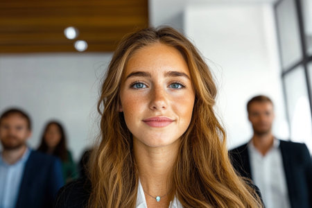 Confident businesswoman looking at the camera in modern officeの素材